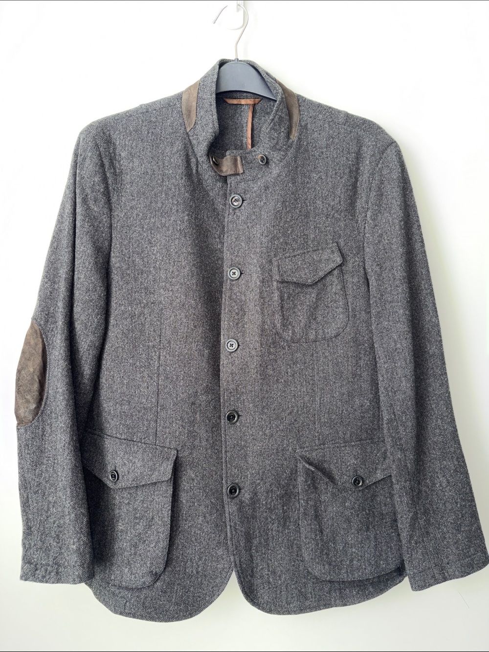 Massimo Dutti Gray Wool-Blend Field Jacket with Suede Trim